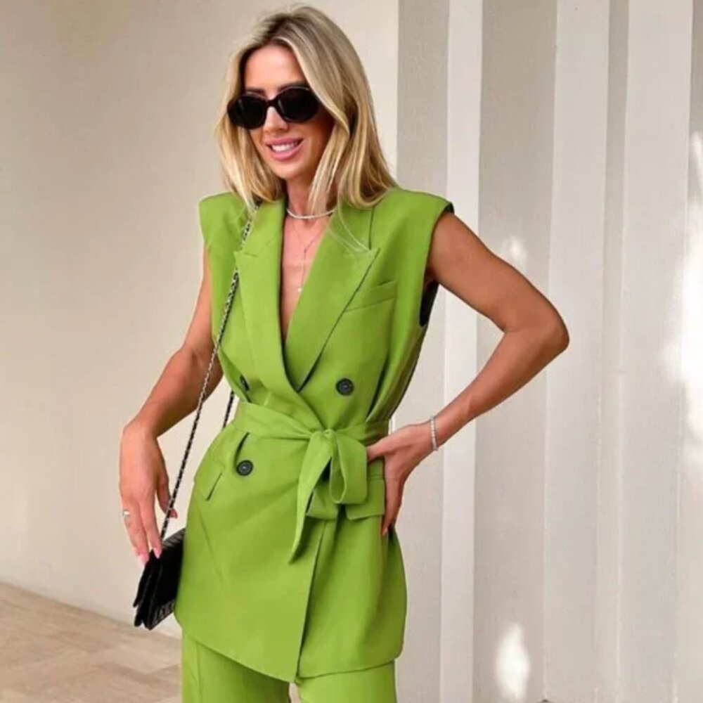 ZARA Lime Green Double Breasted Waistcoat Sleeveless Blazer Vest - NWT